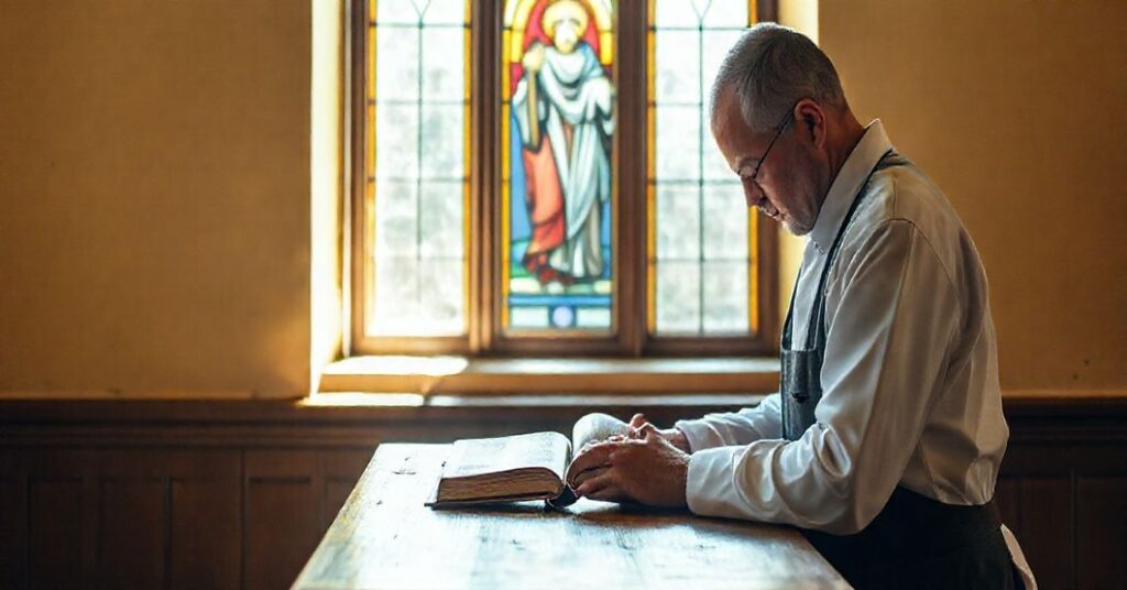 Kobieta w tradycyjnym stroju katolickim modli się przed prostym biurkiem z Biblią i modlitewnikiem, oświetlonym delikatnym światłem, z witrażem przedstawiającym Chrystusa Króla w tle