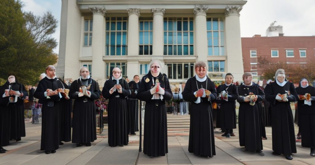 Grupa katolickich aktywistów pro-life w modlitwie przed budynkiem Departamentu Zdrowia i Usług Społecznych w Waszyngtonie, symbolizując duchową walkę z aborcją.