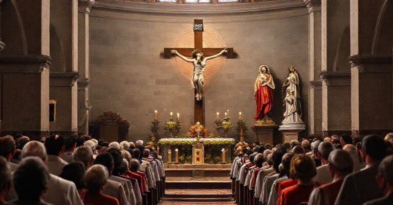 Grupa wierzących katolików modli się w tradycyjnym kościele przed posągami Najświętszego Serca Jezusowego i Niepokalanego Serca Maryi.