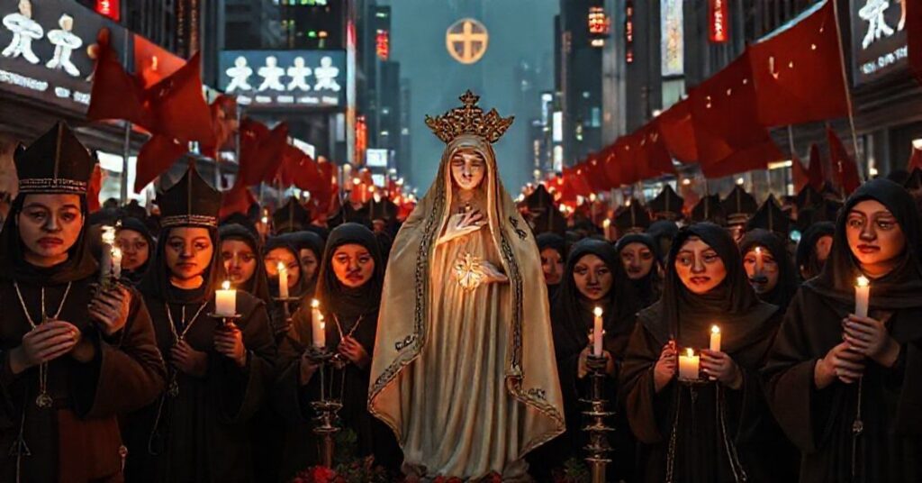 Grupka wiernych katolików w tradycyjnych strojach modli się przed statuami Serca Pana Jezusa i Niepokalanego Serca Maryi, protestując przeciwko technokratycznej tyranii.