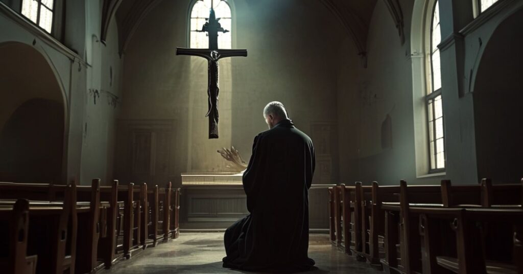 Kobieta modli się w kościele przed ołtarzem ze wzmianką o Ministerstwie Edukacji Ontario