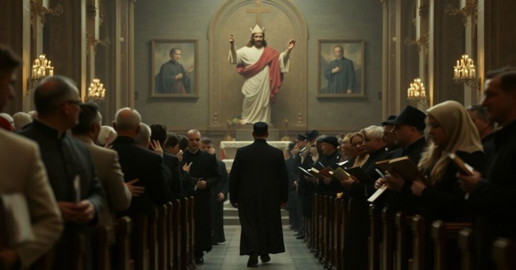 Ciemna wnętrza kościoła z procesją katolików modlących się przed rzeźbą Chrystusa Króla, z krytykowanymi postaciami Lech Wałęsa i Karol Modzelewski w tle.