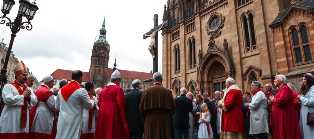 Wierni katolicy modlący się przed kościołem w Krakowie z wielkim krzyżem Chrystusa Króla