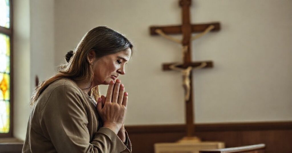 Kobieta modląca się przed krzyżem w tradycyjnym wnętrzu kościelnym