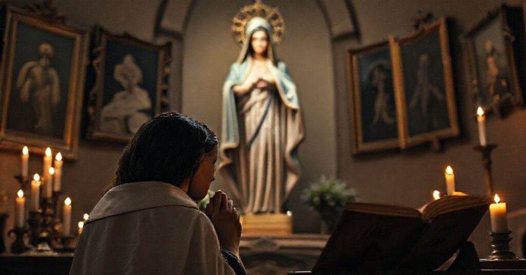 Kobieta w tradycyjnym stroju katolickim modli się przed wizerunkiem Matki Bożej Pojednawczyni wszechłask w cichym Kaplicy.