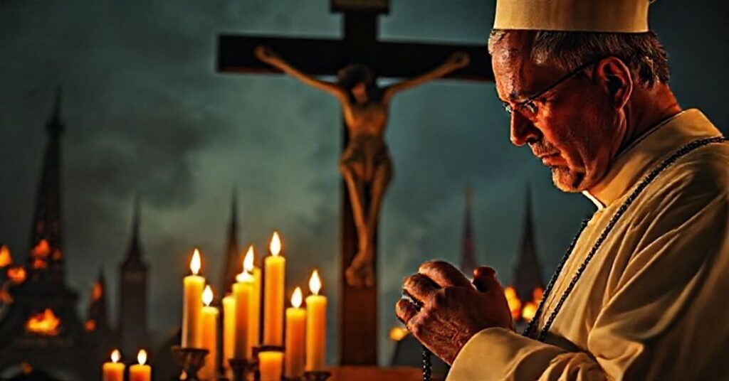 Ksiądz katolicki w modlitwie przed zniszczonym krzyżem na tle płonących symboli Francji, symbolizując duchowy upadek i islamistyczne przemoc.