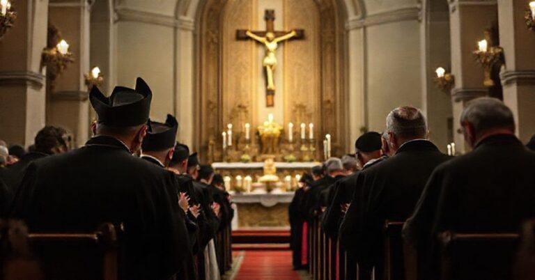 Obraz przedstawiający tradycyjnych katolickich biskupów modlących się w kościele po zamachu w Sydney, z akcentem na wiarę i tradycję.