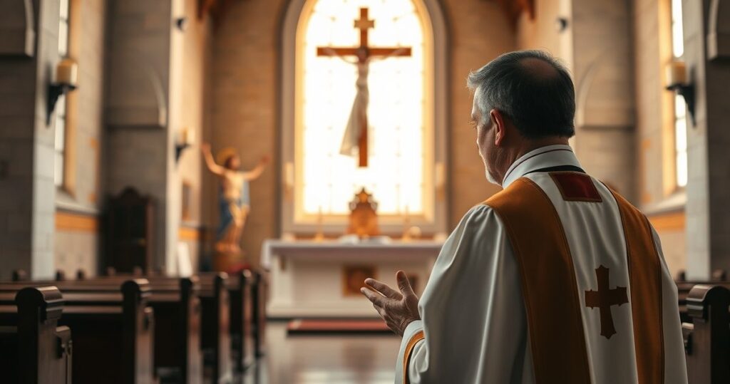 Rekolekcje katolickie w cichym kościele, kapłan modlący się przy krzyżu i ołtarzu, symbol wiary i duchowości, spokojna i pełna szacunku scena religijna.