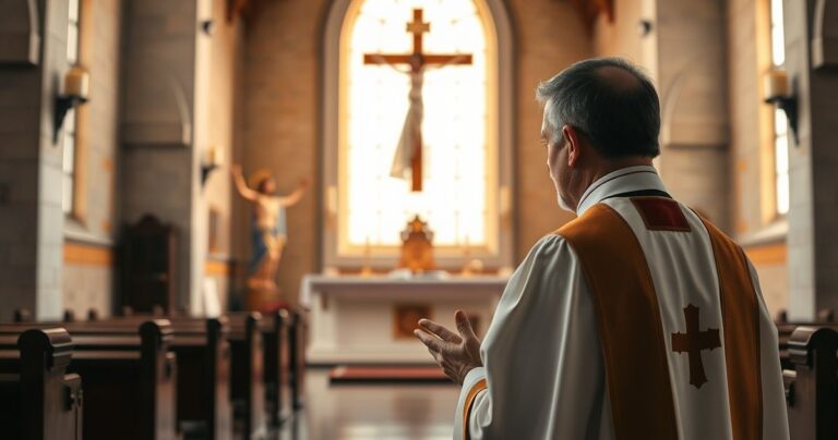 Rekolekcje katolickie w cichym kościele, kapłan modlący się przy krzyżu i ołtarzu, symbol wiary i duchowości, spokojna i pełna szacunku scena religijna.