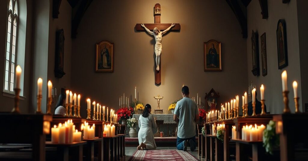 Scena katolicka z rodziną modlącą się przed krzyżem po tragedii w Tumbler Ridge.