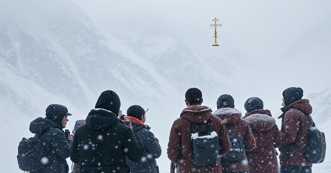 Modlitwa i pokuta w obliczu katastrofy górskiej Grupa turystów uwięzionych w górskich lawinach z kapłanem trzymającym Najświętszy Sakrament