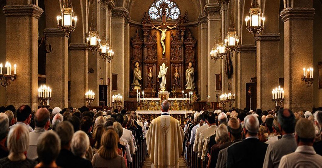 Grupa tradycyjnych katolików w starej kościele, modlących się przed ołtarzem z krzyżem i rzeźbami świętych, oświetlonym ciepłym światłem.