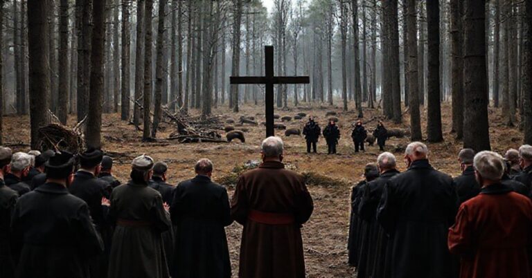 Grupa katolików modlących się przed krzyżem w lesie pod Rozprzą, na tle spadek przyrody i martwe dziki, symbolizujące boski sąd