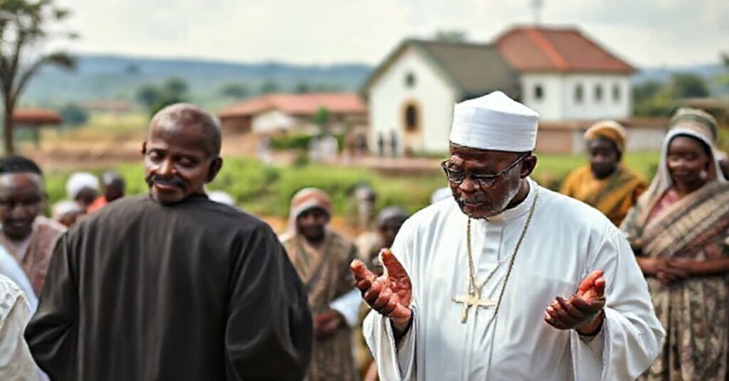 Katoliccy ksiżowie modlący się w nigerijskiej wsi za pokój w obliczu konfliktów religijnych. Tło symbolizuje potrzebę królestwa Chrystusa zamiast świeckich rozwiązań.