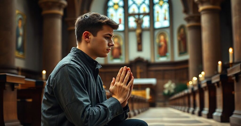 Młody katolicki mężczyzna modli się w tradycyjnym kościele, otoczony boskim światłem i sanktuarium z ikonografią katolicką.
