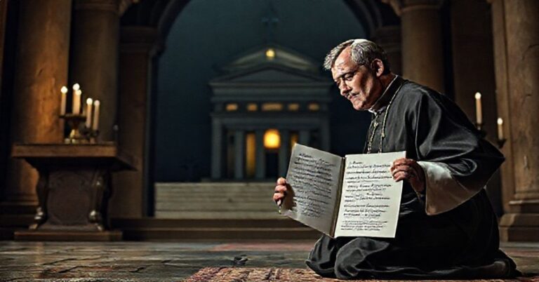 Mężczyzna modlący się w tradycyjnym stroju katolickim przed ołtarzem z widokiem budynku ONZ w tle.