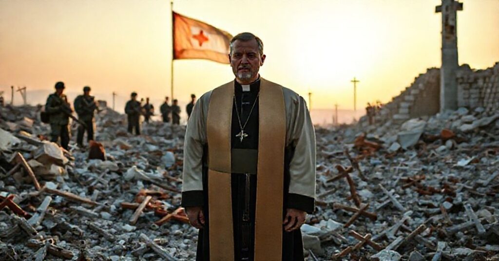 Ksiądz katolicki w ruinach kościoła w Gazie, otoczony zniszczonymi krzyżami i relikwiami, na tle żołnierzy izraelskich