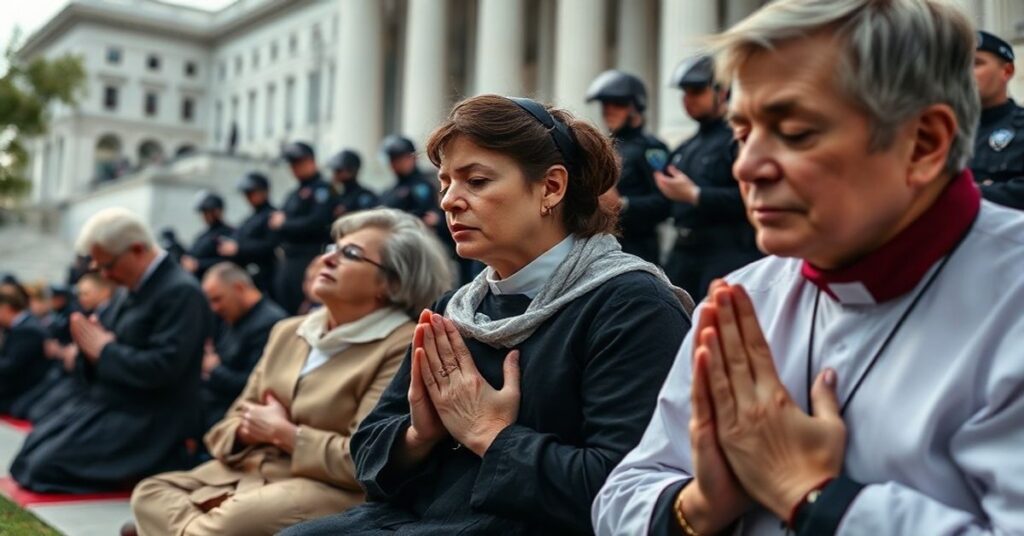 Grupa katolickich protestantów modli się przed budynkiem rządu w Waszyngtonie