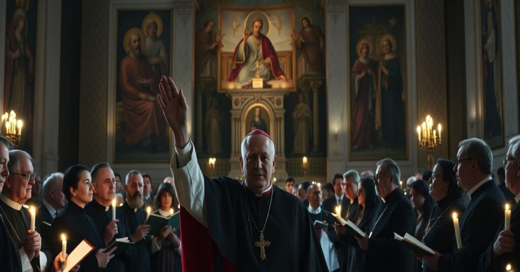 Grupa katolików w tradycyjnych szatach modlą się w Watykanie przed antypapieżem Leo XIV (Roberto Prevosto), symbolizując opór wobec herezji modernistycznej.