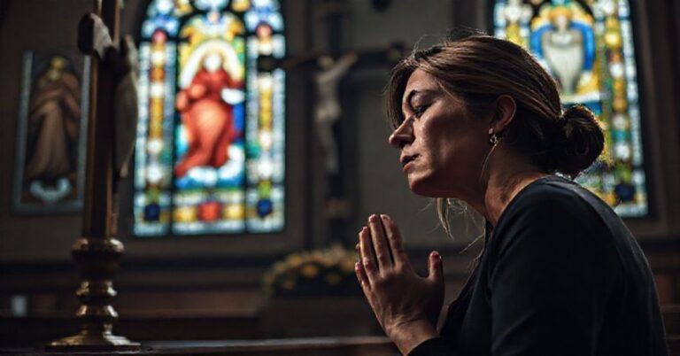 Pobrana kobieta modli się w kaplicy przed krzyżem, wyrażając głęboki żal i skruchę za grzech aborcji.