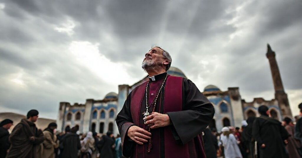 Ksiądz katolicki w tradycyjnych ornamentach modli się przed zniszczonym Błękitnym Meczetem w Mazar-i-Szarif w Afganistanie