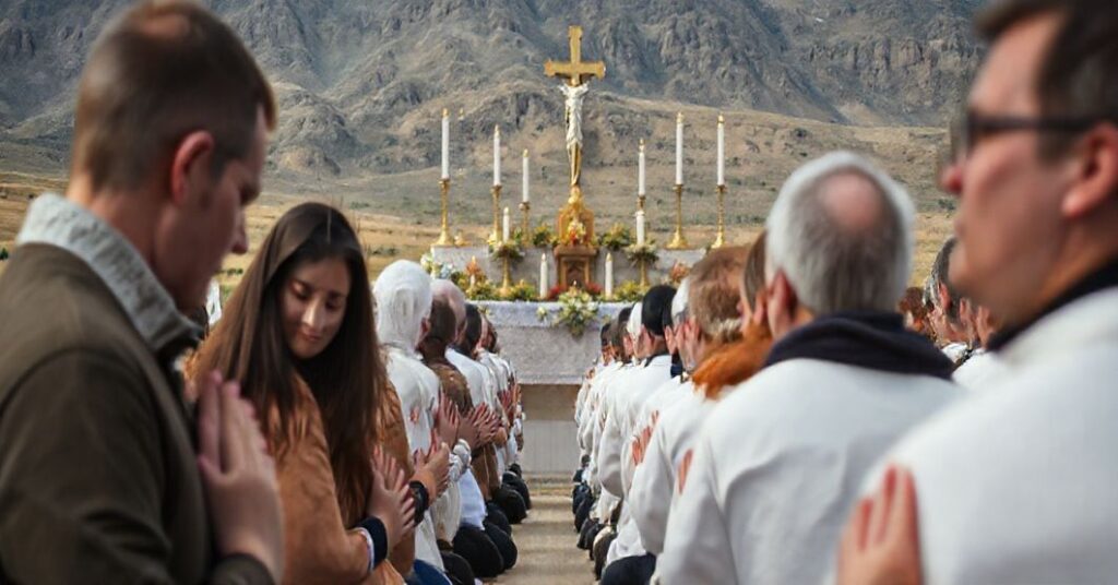 Grupa katolickich pielgrzymów modlących się przed ołtarzem z krzyżem i świecami na tle Alberta, symbolizując kryzys duchowy za secesją