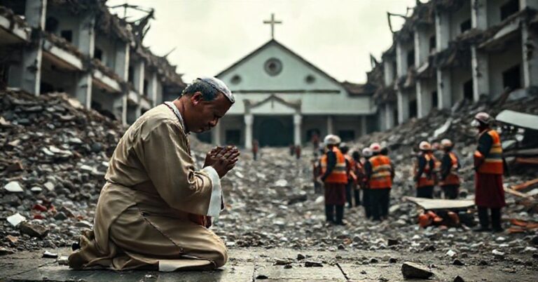 Kapelan katolicki modli się za dusze ofiar katastrofy w szkole islamskiej w Sidoarjo