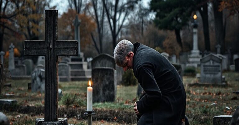 Tradycyjny katolicki cmentarz w Dniu Zadusznych, gdzie wierzącym modli się za dusze zmarłych, w kontrast z sekularnym kultem "bohaterów"