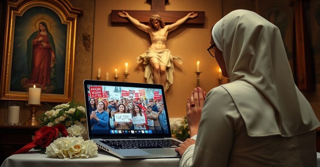 Poważna kobieta w tradycyjnym stroju katolickim modli się przed krucyfiksem obok laptopa wyświetlającego wirtualną manifestację pro-life w otoczeniu obrazów Niepokalanego Serca Maryi i tradycyjnych symboli katolickich.