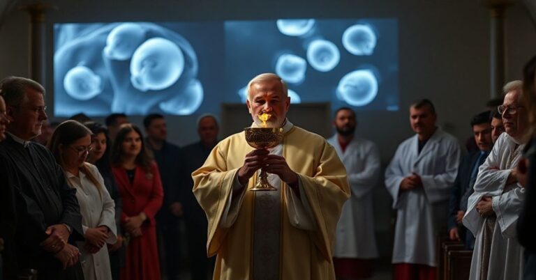 Katolicki kapłan w tradycyjnych szatach liturgicznych trzyma monstrancję z NajŚwietszym Sakramentem w ciemnym koście, otoczony przez smutnych wierzących. Tlo przedstawia laboratoria z zamrożonymi embrionami.