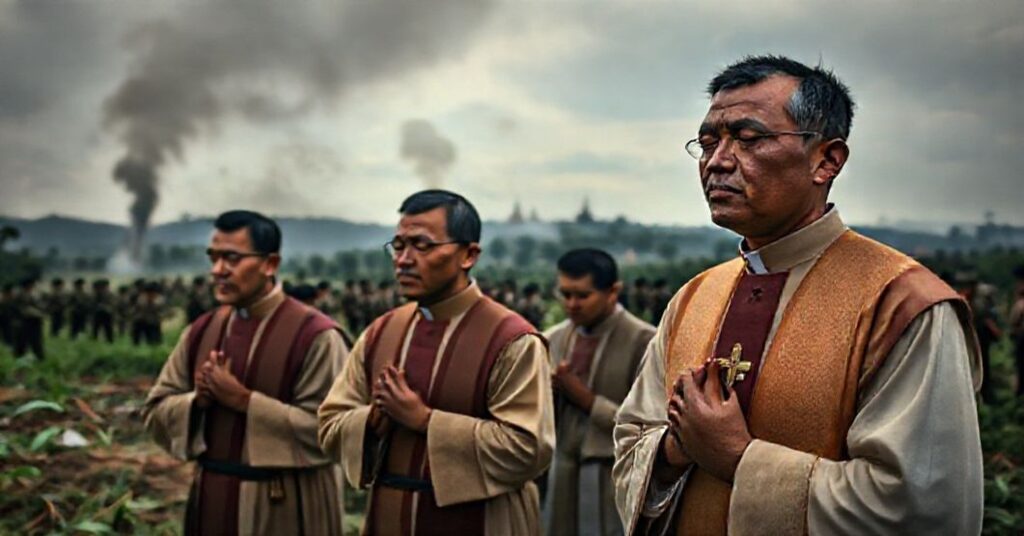 Scena polowej bitwy na granicy Tajlandii i Kambodży z katolickimi księżmi w tradycyjnych szatach modlącymi się o pokój
