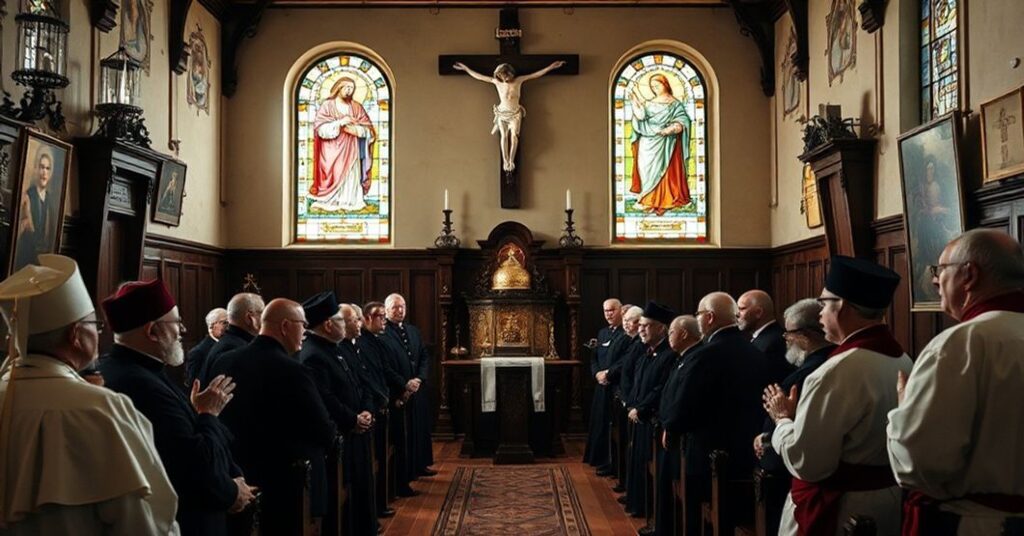 Tradycyjny zbór katolicki modlących się w kaplicy z krzyżem i witrażami podkreślającymi nauczanie katolickie.