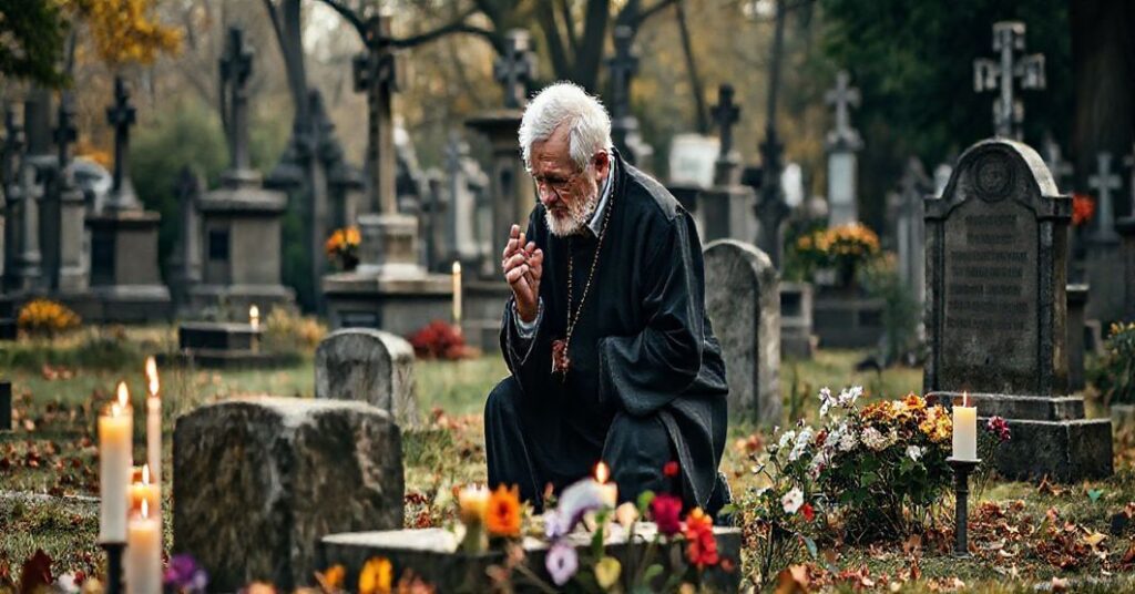 Przedstawienie tradycyjnego katolickiego cmentarza podczas Dnia Wszystkich Wiernych Zmarłych, ukazujące wiernego klęczącego przed grobem z różańcem i zapalonymi świecami, otoczonego starymi nagrobkami w stylu gotyckim.