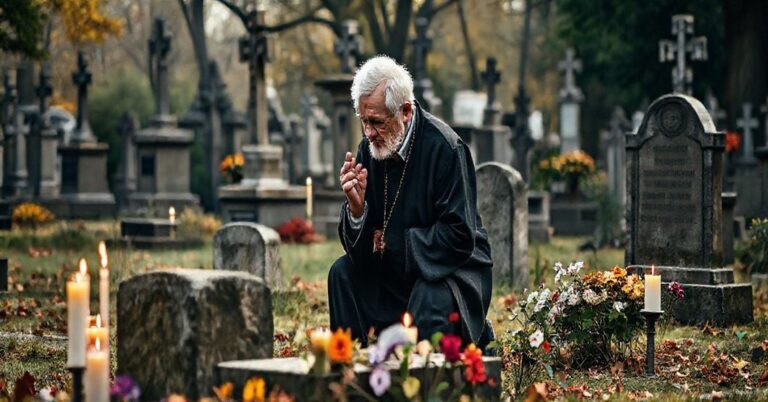 Przedstawienie tradycyjnego katolickiego cmentarza podczas Dnia Wszystkich Wiernych Zmarłych, ukazujące wiernego klęczącego przed grobem z różańcem i zapalonymi świecami, otoczonego starymi nagrobkami w stylu gotyckim.