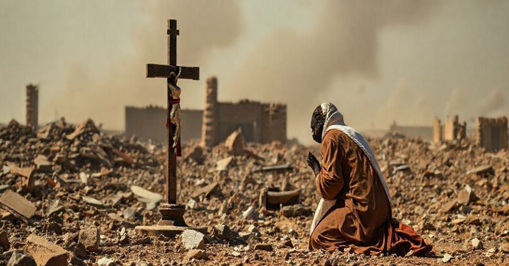 Poważna katolicka ofiara z Sudanu modli się przed krzyżem wśród zniszczeń w El-Fasher