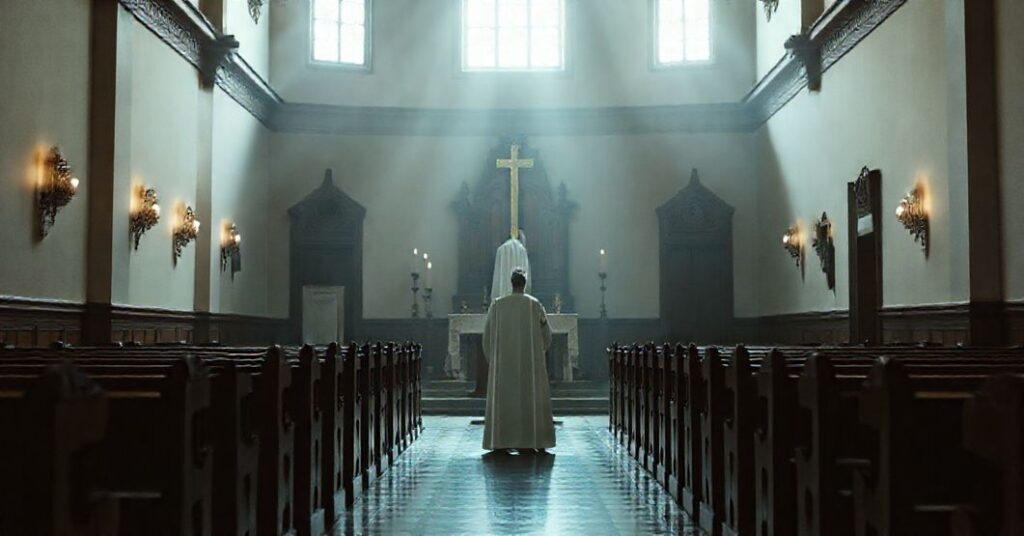 Częstochowska ikona Matki Boskiej w tradycyjnym katolickim wnętrzu kościoła z modlącą się osobą przy ołtarzu, podkreślając kontrast między boskim autorytetem a świecką polityką