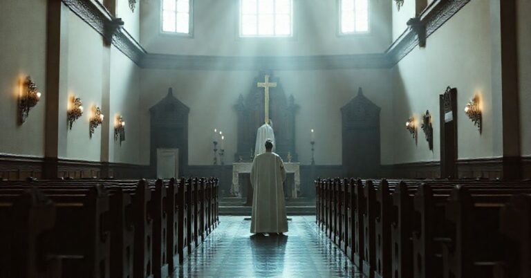 Częstochowska ikona Matki Boskiej w tradycyjnym katolickim wnętrzu kościoła z modlącą się osobą przy ołtarzu, podkreślając kontrast między boskim autorytetem a świecką polityką