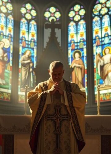 Obraz katolickiego kapłana podczas Mszy świętej w tradycyjnym stylu Realistyczne, pełne szacunku zdjęcie katolickiego kapłana podczas Mszy, z krzyżem i ołtarzem w tradycyjnym stylu, podkreślające wiarę i pobożność.