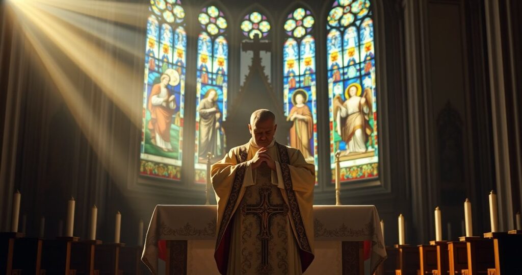 Realistyczne, pełne szacunku zdjęcie katolickiego kapłana podczas Mszy, z krzyżem i ołtarzem w tradycyjnym stylu, podkreślające wiarę i pobożność.
