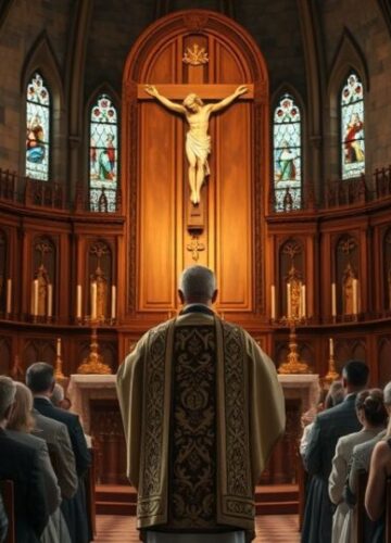 Catholic Mass Scene with Christ the King Reverence Obraz katolickiego kapłana w świątyni podczas uroczystej mszy, podkreślający boskość Chrystusa Króla i tradycyjną religijność, w realistycznym stylu wysokiej jakości zdjęcia stockowego.