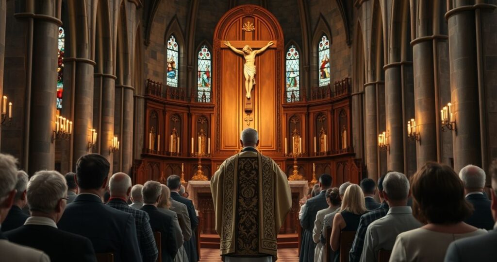 Obraz katolickiego kapłana w świątyni podczas uroczystej mszy, podkreślający boskość Chrystusa Króla i tradycyjną religijność, w realistycznym stylu wysokiej jakości zdjęcia stockowego.