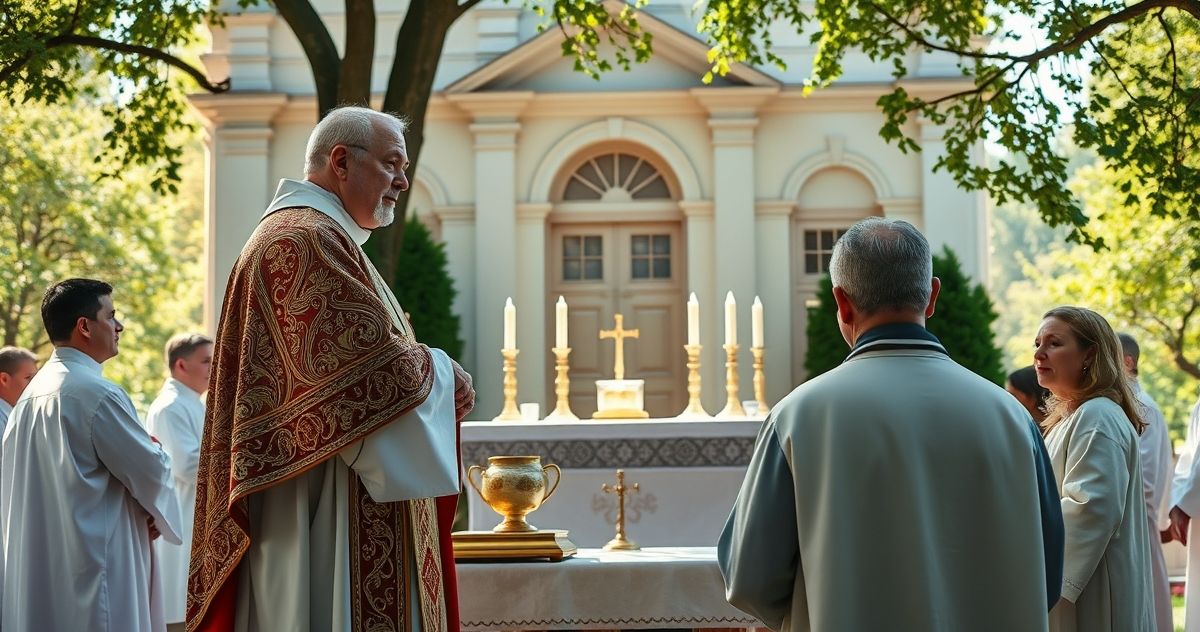 Fotografia realistyczna ukazująca kapłana w tradycyjnych szatach odprawiającego Mszę świętą na zewnątrz, z wiernymi w modlitwie, oddającą hołd Bogu w duchu katolickiej tradycji.