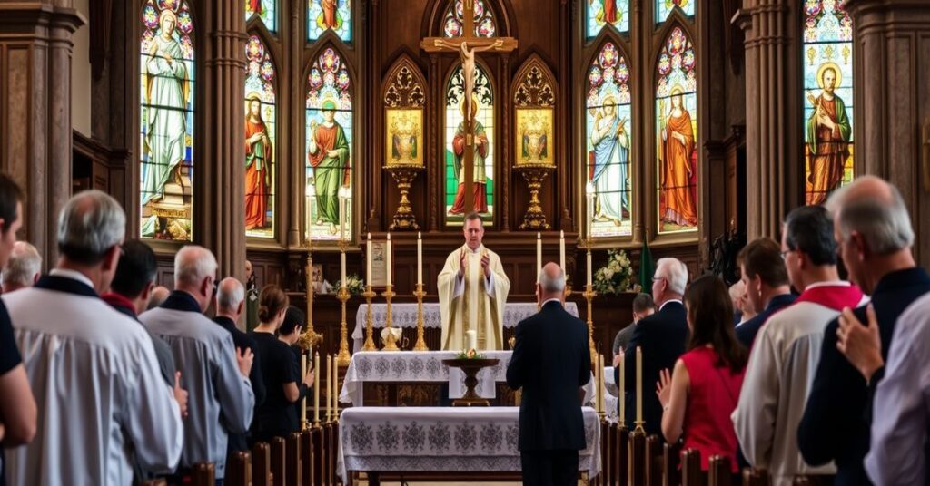 Tradycyjna katolicka msza pogrzebowa w kościele z akcentem na uświęcenie Chrystusa.
