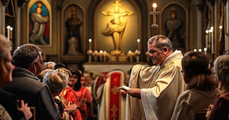 Tradycyjna katolicka msza pogrzebowa z kapłanem w tradycyjnych ornatach podnoszącym Hostię podczas konsekracji, otoczony żałobnikami w ciemnym kościele. Zdjęcie przenosi głęboką pobożność i powagę sytuacji, podkreślając duchową rzeczywistość Czyśćca i konieczność modlitwy za zmarłych.