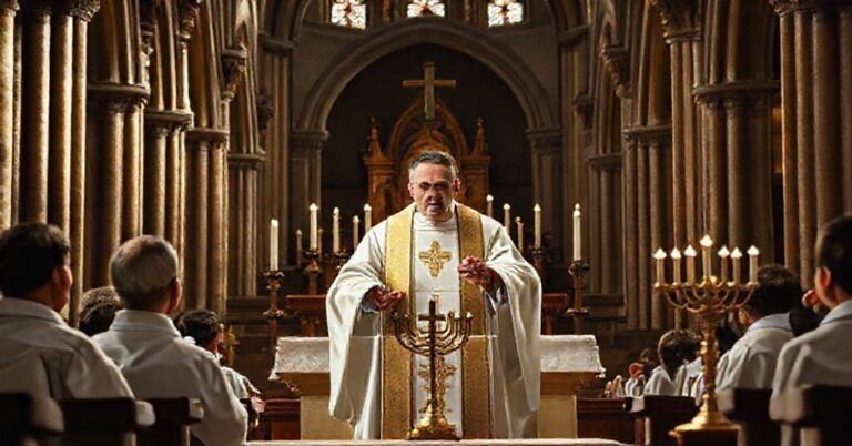 Tradycyjna katolicka msza w kościele z kapłanem i ministrantami przy ołtarzu.