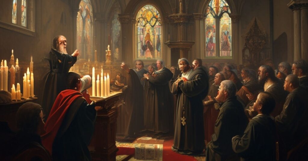 Tradycyjny ksiądz w historycznym kościele trzyma otwartą Biblię podczas kazania. Ołtarz ozdobiony świecami i naczyniami sakralnymi podkreśla prawdziwe kulty liturgiczne w rycie trydenckim.