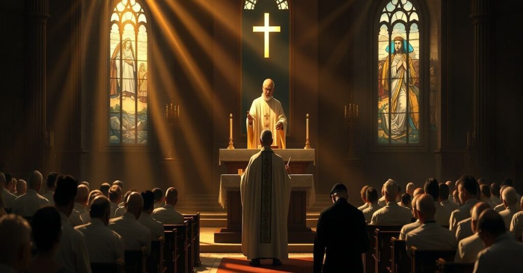 Tradycyjne katoliczne nabożeństwo w kościele z akcentem na Najświętszą Ofiarę Mszy św., w kontrastie z obrazami wojny na Bliskim Wschodzie widocznymi przez witraże