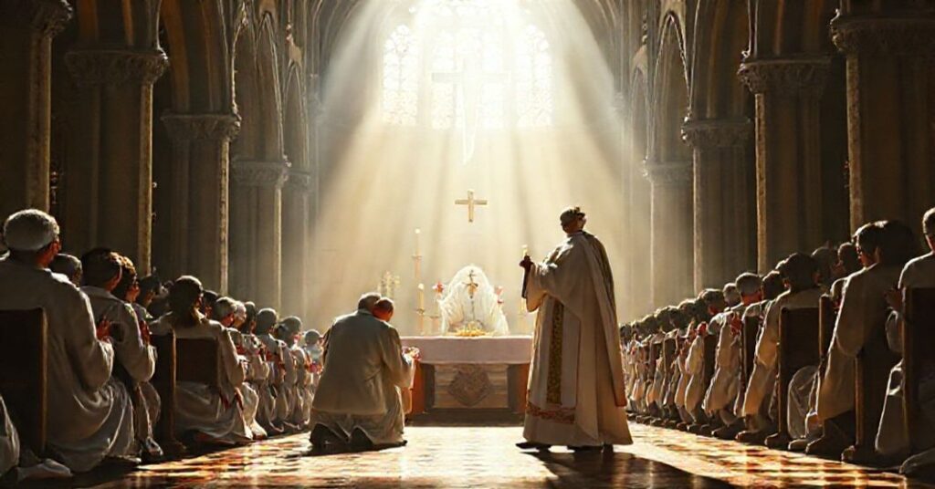 Obraz przedstawiający tradycyjną katolicką mszę świętą z kapłanem w pełnych ornatach liturgicznych celebrowaną w historycznej kościele. W tle widoczny jest subtelny cień reprezentujący fałszywego 'papieża' Leona XIV promocjonującego aktywizm ekologiczny.