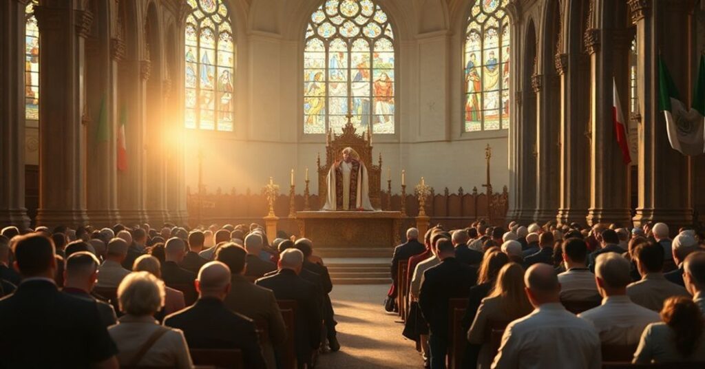 Msza w tradycyjnym obrządku z kapłanem w bogato zdobionej szacie liturgicznej i wiernymi klęczącymi w starożytnym kościele.