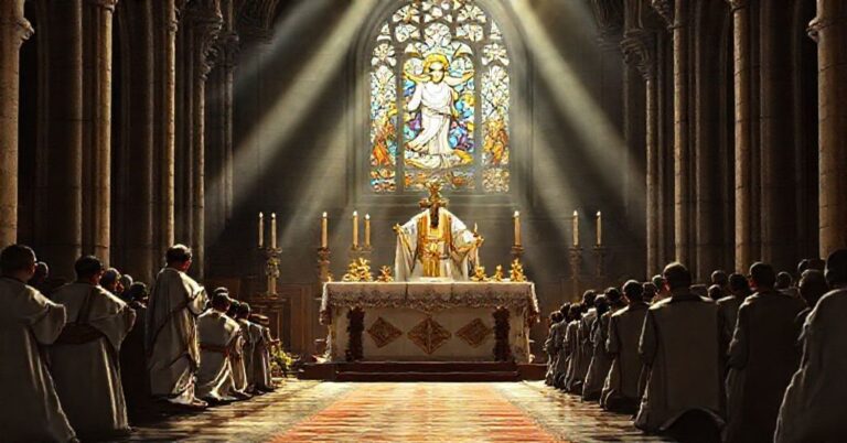 Scena katolickiej mszy świętej w tradycyjnym kościele z kapłanem w pełnym ornaty ofiarującym Ofiarę Świętą, z promieniami świetlnymi wychodzącymi z konsekrowanego Hostii i wierzącymi klęczącymi w nabożeństwie